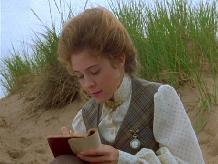 Anne egy homokdűnén ül és jegyzetel